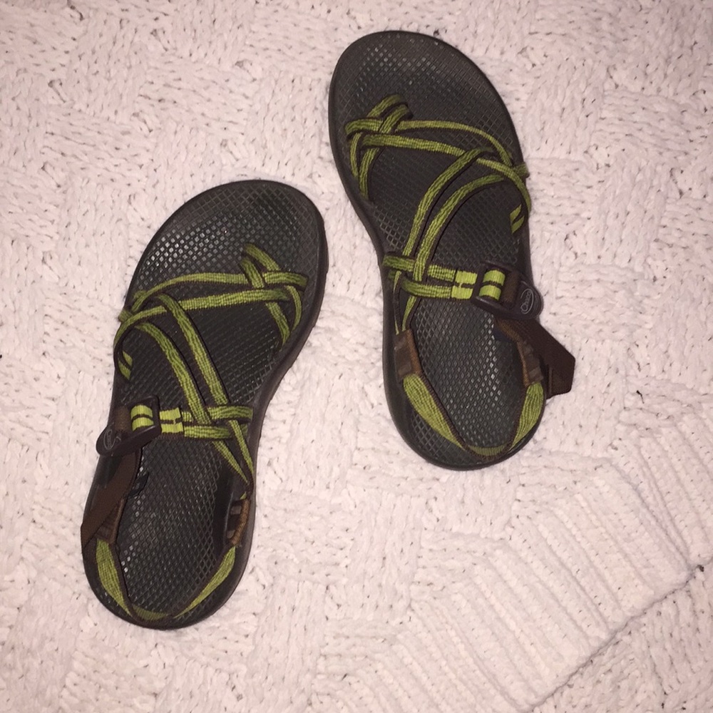 Green and brown women’s chacos